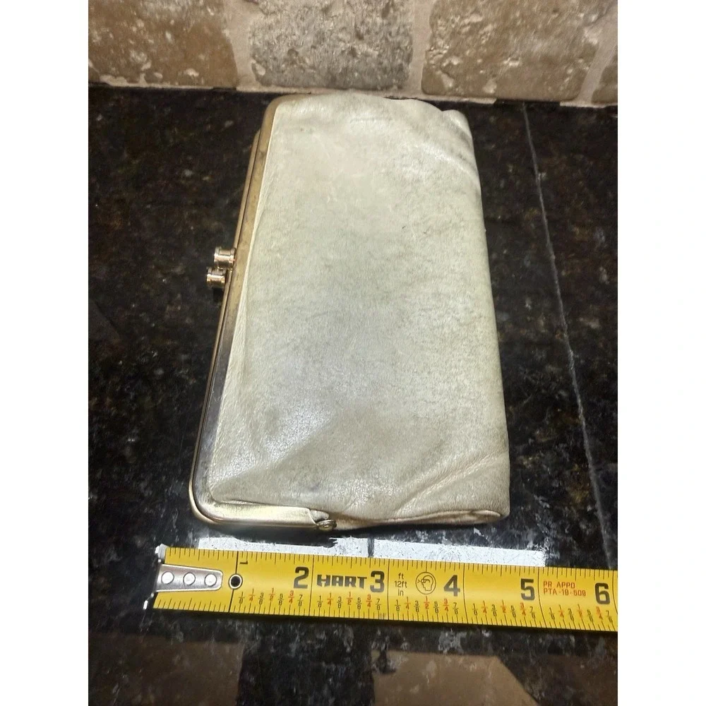 Hobo International‎ Double Kisslock Wallet Silver Gray Glazed Leather Clutch